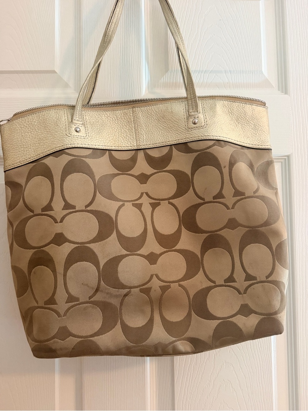 Coach Taupe Signature Canvas Tote with Cream Leather Accent - Picture 2 of 10